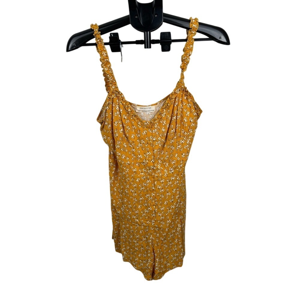 Urban Outfitters Mustard Floral Romper Ruffle Strap Button Front Cottagecore M - Picture 2 of 7